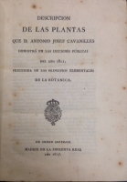 Portada de libro Descripción de las Plantas que D. Antonio Josef Cavanilles demostró en...