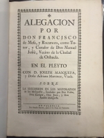 Portada de libro Alegación por Don Francisco de Mesa, y Rocamora, como tutor y curador...